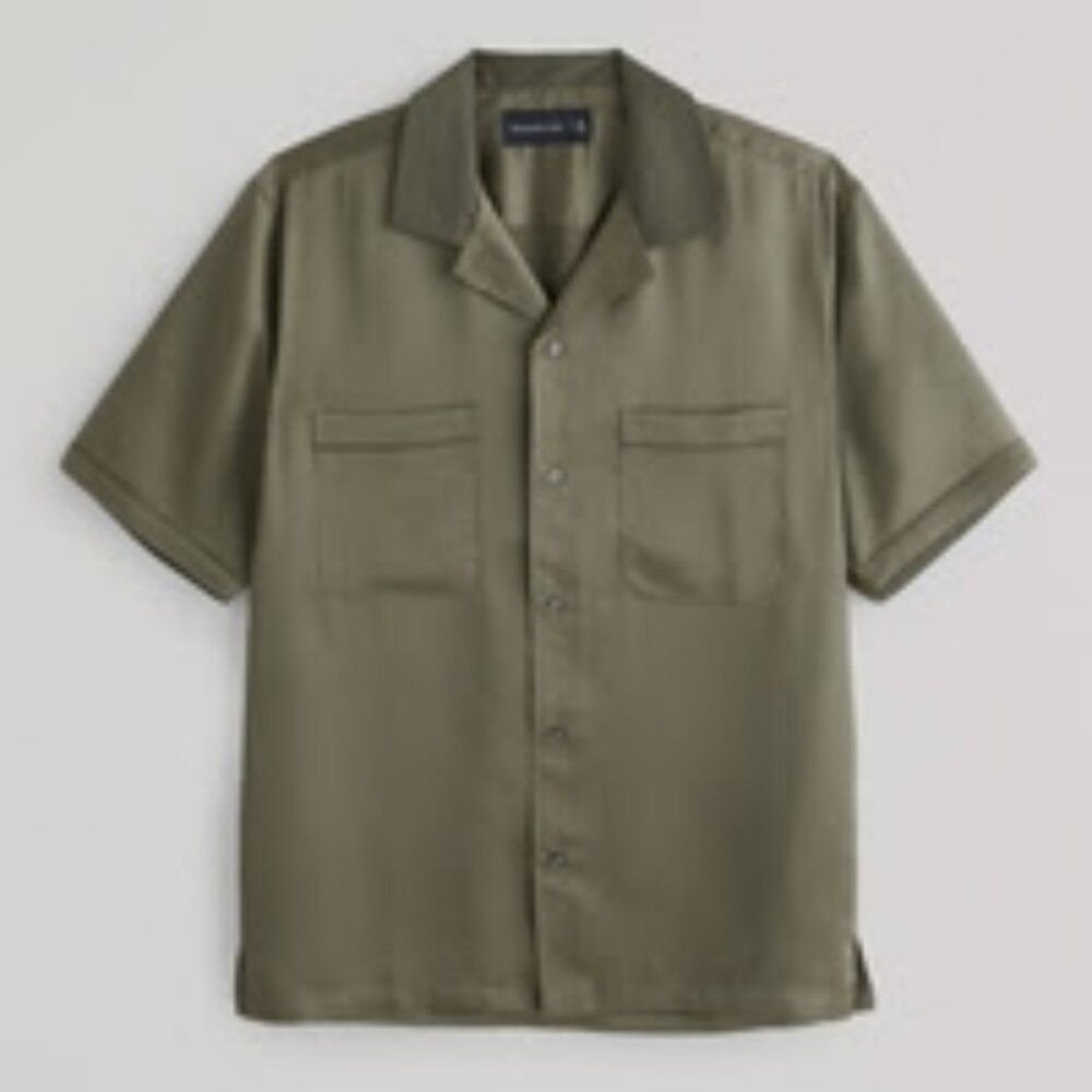 A&F Camp Collar Silky Button-Up Shirt Size L Green NWT